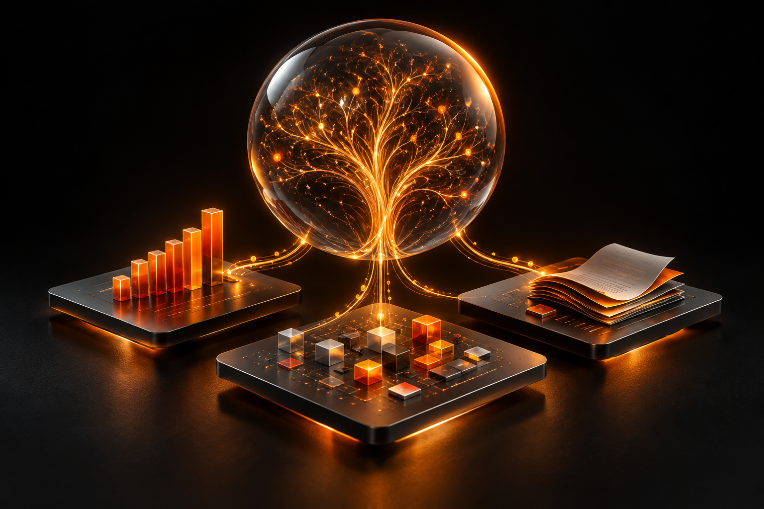 Escultura 3D de uma árvore luminosa dentro de uma esfera de vidro, conectada a dados, documentos e indicadores
