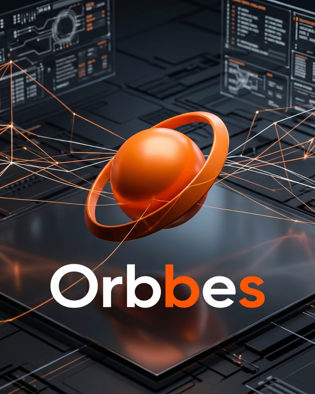 Marca Orbbes sobre uma arquitetura de conexões digitais, em ilustração 3D